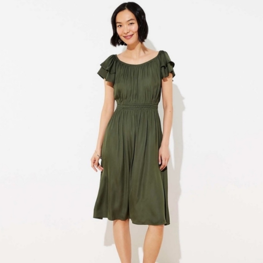 Loft smocked flutter midi ruffle sleeves dress
